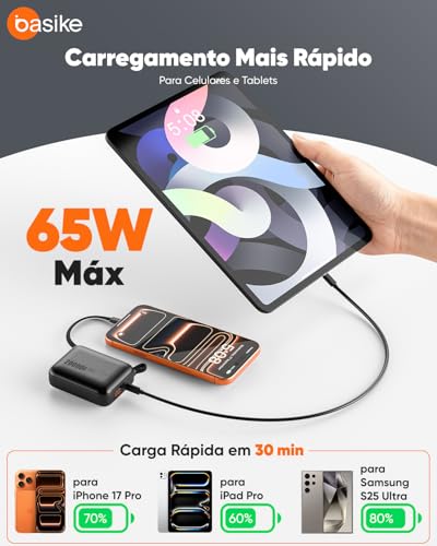 Basike Power Bank 65W, Carregador Portátil Universal 20000mAh, USB-C + Cabo Type-C Integrado e Removível, Carregamento Rápido PD/PPS para Samsung Séries S26-S21 e iPhone Séries 17-14 – Cinza