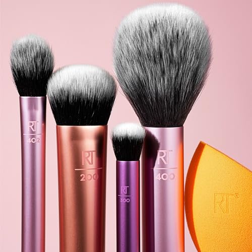 REAL TECHNIQUES 6 PIECE EVERYDAY ESSENTIALS MAKEUP BRUSH SET, INCLUDES 4 BRUSHES & 2 MAKEUP SPONGES, FOR FOUNDATION, BLUSH, BRONZER, CONTOUR, EYESHADOW, & POWDER, TRAVEL GIFT SET, CRUELTY-FREE & VEGAN