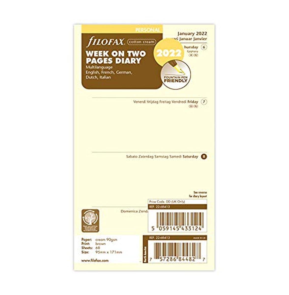 Filofax Personal Week on Two Pages Cotton Cream 5 Language 2022 Diary 22-68413