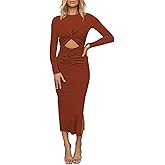 HUUSA Women's Long Sleeve Cutout Bodycon Dress Sexy Crewneck Twist Knot Ruched Slit Slim Fitted Ribbed Knit Midi Dresses