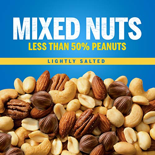 PLANTERS LIGHTLY SALTED MIXED NUTS, 15 OZ CANISTER – LESS THAN 50% PEANUTS BY WEIGHT (BREAK) ALMONDS, CASHEWS, PECANS, BRAZIL NUTS ROASTED IN PEANUT OIL – ON-THE-GO SNACK AND MOVIE SNACK – RESEALABLE CANISTER – KOSHER