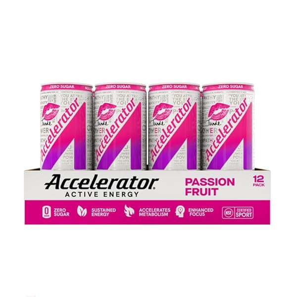 ACCELERATOR ACTIVE ENERGY DRINK SUGAR FREE ZERO CARBS, PASSION FRUIT TUNDE 12OZ CAN(12 PACK) ENHANCED FOCUS & SUSTAINED ENERGY FROM 100% NATURAL CAFFEINE (200MG), ASHWAGANDHA, COQ10 & GREEN TEA EXTRACT