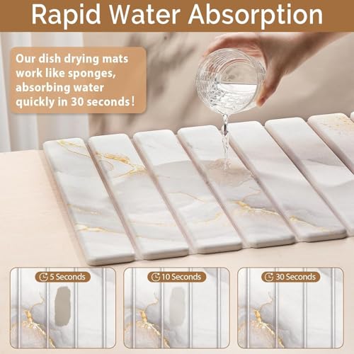 2 PCS Large Stone Dish Drying Mat for Kitchen Counter,Quick Dry Stone Dishes Mats,Marbled Water Absorbing Diatomaceous Earth Drying Pad for Countertop Bottles Utensils Cups( 40*60*cm+10*20cm)