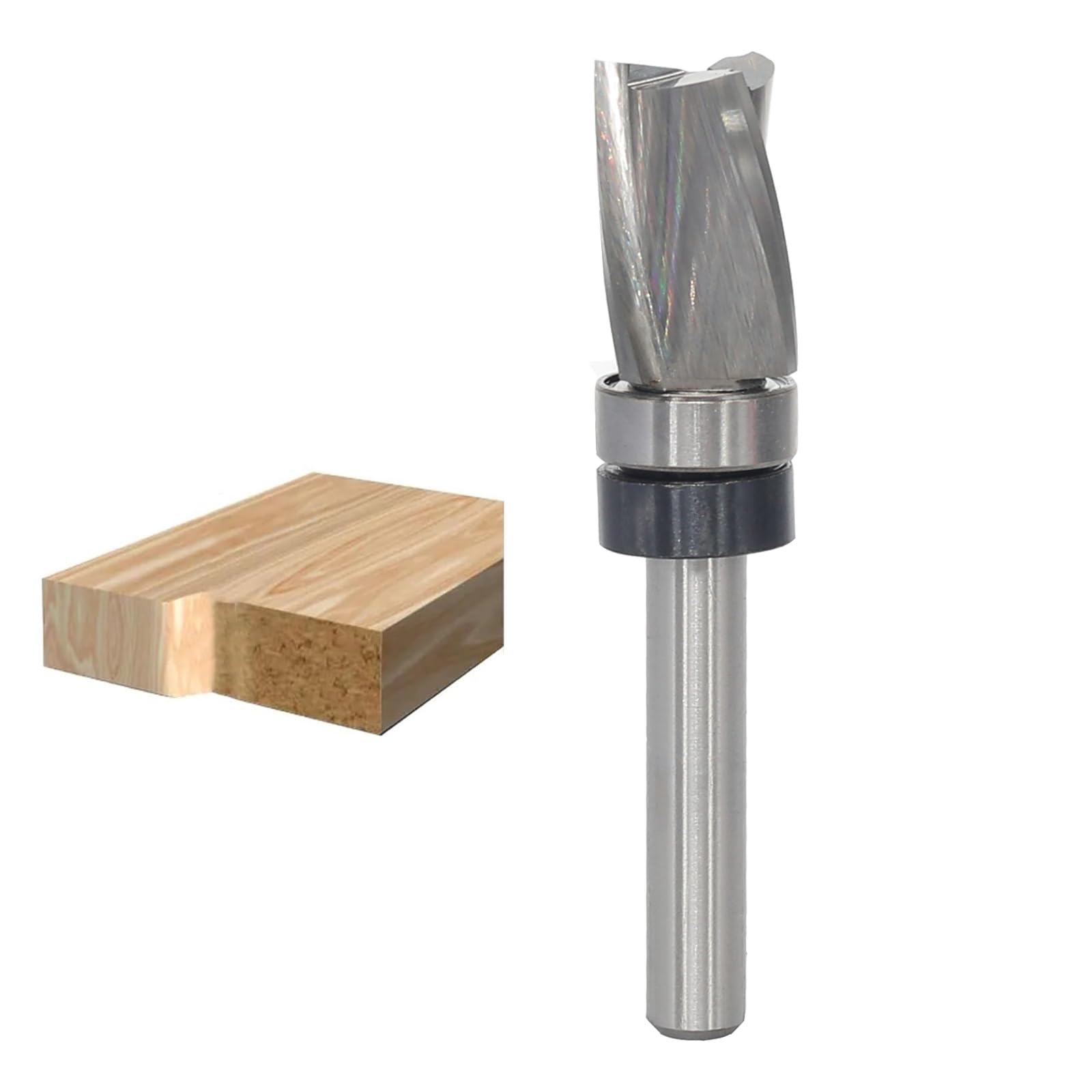 Sinoprotools Solid Carbide Flush Trim Router Bit, 1/4 Inch Shank 3-Flute Down Cut 1/2" Cutting Diameter，1'' Cutting Length，Top Bearing Spiral Pattern Router Bits for Wood Flush Trimming