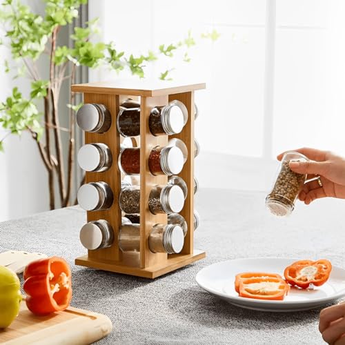 Porta Temperos de Bambu Giratório 16 Potes de Vidro Organizador Condimentos Especiarias Cozinha