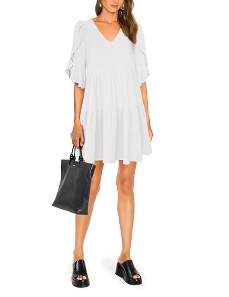 SEBOWEL WOMEN CASUAL SHORT SLEEVE V NECK PLEATED RUFFLE SHORT TIERED DRESS FLOWY MINI PARTY DRESS LOOSE SWING DRESS, WHITE, XXL