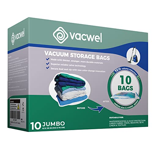 Vacwel 10Pack Jumbo Vacuum Seal Bags for Clothing Storage Space