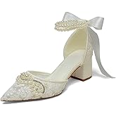 Jotwry Block Heel Wedding Shoes for Bride Pointed Toe Lace Pearl Bridal Heels