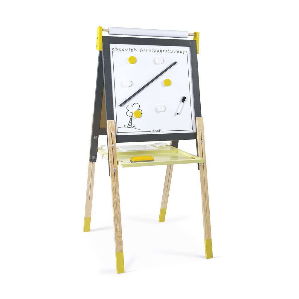 Janod - Double-Sided Wooden Easel (Taupe and Green) - Adaptable, Height Adjustable - Magnetic Whiteboard + Blackboard - 13 Accessories Included - Suitable for ages 3 and up - J09630