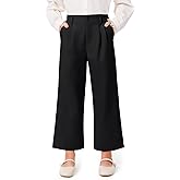 Haloumoning Girls Uniform Pants Kids High Waisted Wide Leg Dress Pants Casual Trousers with Pockets 5-14 Years