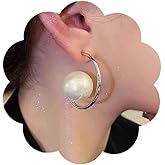 Iaceble Vintage Large Pearl Hoop Drop Earrings Gold Circle Hoop Earrings White Pearl Dangle Earrings Retro Pearl Earrings Pearl Statement Earrings Jewelry for Women