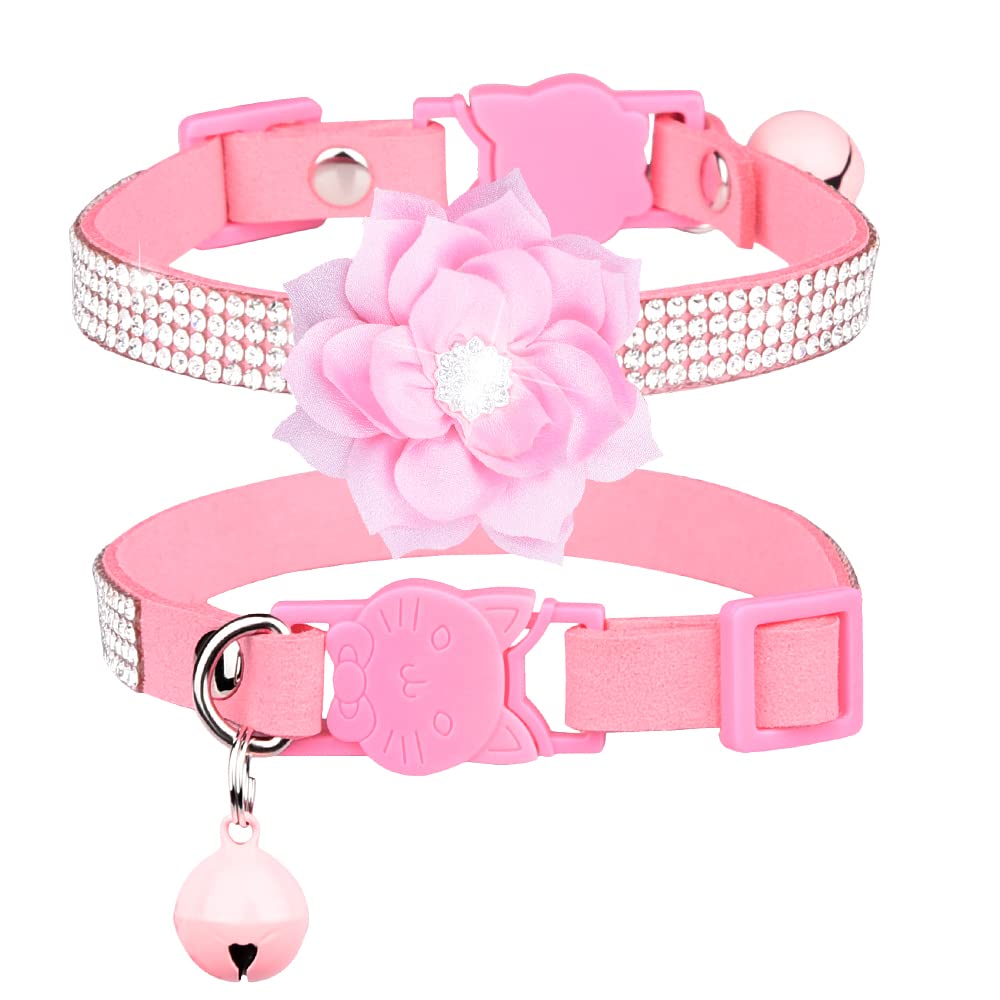 haoyueer Rhinestones Dog Cat Collars with Bell Bling Pet Puppy Collars with Soft Velvet Crystal Collars Girl Jeweled Necklace (Pink-1)