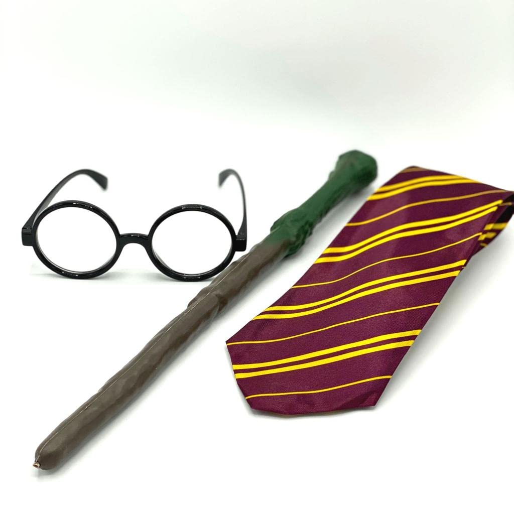 Dreamzfit Wizard School Costume Set for Kids - Magician Fancy Dress Outfit with Tie, Glasses, Wand & Griffin Patch for Book Week, Halloween & Role Play