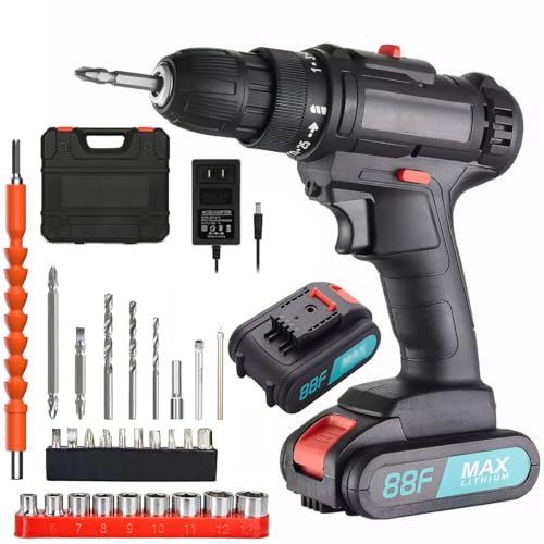 SKY-TOUCH 21V Cordless Drill Set with 2 Batteries, Charger, 28 Accessories and Storage Case, Electric Power Drill Kit with 2 Variable Speed, 25+1 Torque Settings, Forward/Reverse Control, LED Light