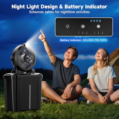 XTTANK Camping Misting Fan with 11L Bucket & LED, 20000 mAh Battery Portable Fan, 3 Speed, 3 Mist Modes, 45° Vertical Oscillation, Camping/Fishing/Travel