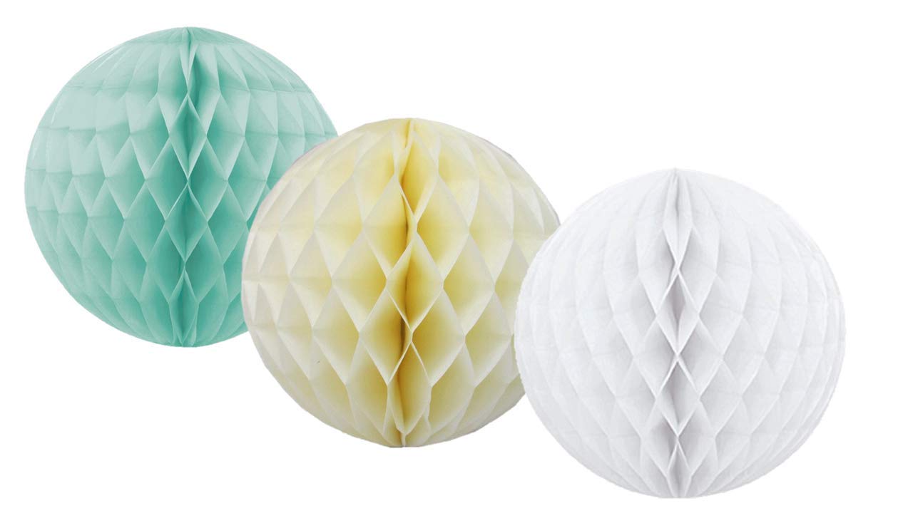 Pack of 3 Mixed Sizes and Colours Paper Honeycombs balls decorations wedding birthday baby shower Christmas Halloween parties (Mint/Cream/White, 6" (15cm))