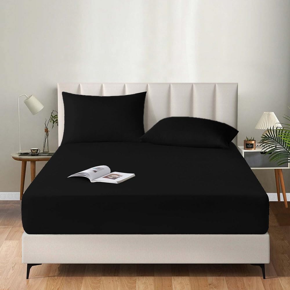Ev Dekor Fitted Sheet Double, Black - Deep Pocket Bedsheet 12inch (30 cm) - Soft Brushed Microfibre Fabric - Shrinkage and Fade Resistant - Bottom Sheet - Double Bed Bedsheet Fitted