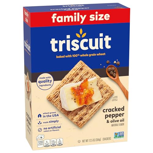 TRISCUIT CRACKED PEPPER & OLIVE OIL WHOLE GRAIN WHEAT CRACKERS, LUNCH SNACKS, SNACK CRACKERS, FAMILY SIZE, 12.5 OZ