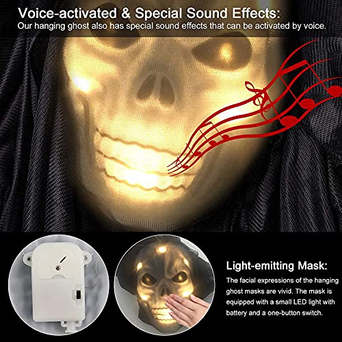 13ft Halloween Hanging Ghost Decorations, special sound effects, Collocation Scary Fake Spiders and Stretch Cbowebs, Creepy Skeleton LED Hanging Props for Halloween Party Indoor and Outdoor Decor