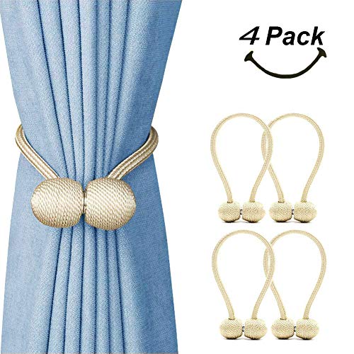 SmallDot Magnetic Curtain Tiebacks, [Pack of 4] Drapery Hooks Holdbacks Holders with Strong Magnet for Window Sheer Blackout Panels, 16 Inch, Beige