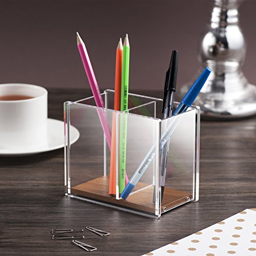 Acrylic Pencil Pen Holder Large, Zodaca [2 Compartments with Wood Base] Acrylic Pen Pencil Holder Large Capacity for Desk Desktop Stationery Organizer Desk Accessories, Clear/Brown (4.9" x 4" x 2.9") - Thumbnail 5