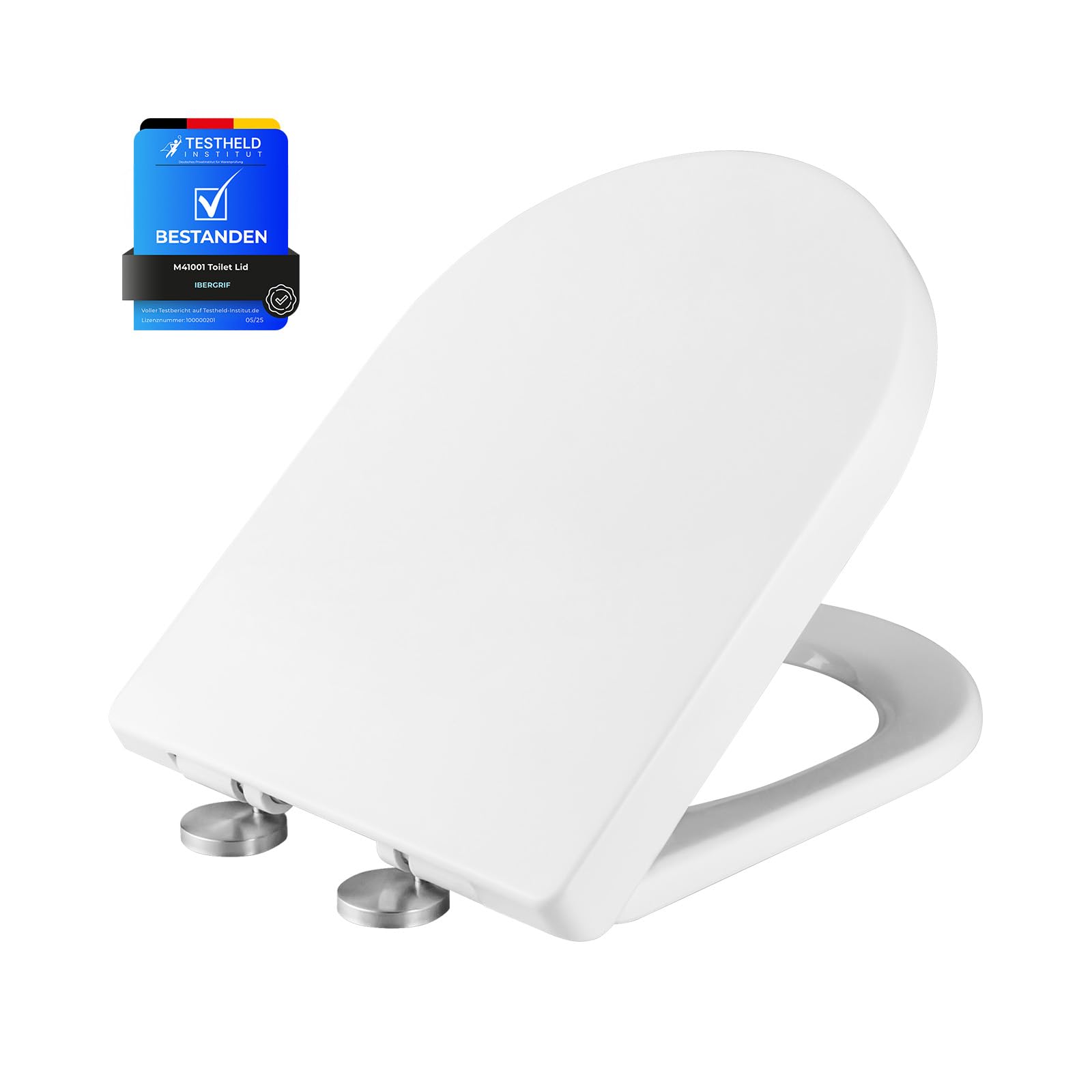Ibergrif M41001 Toilet Seat – Soft Close, Quick Release, Ergonomic D-Shape, Adjustable Stainless Hinges, Top Fixing, White