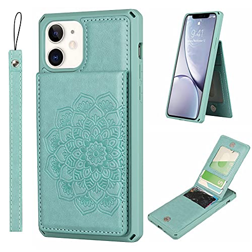 Jaorty for iPhone 11 Wallet Case with RFID Blocking Card Holder for Girls Women,PU Leather Magnetic Buttons Portrait Stand Flip Wrist Strap Case for iPhone 11 6.1 Inch,Mandala Green