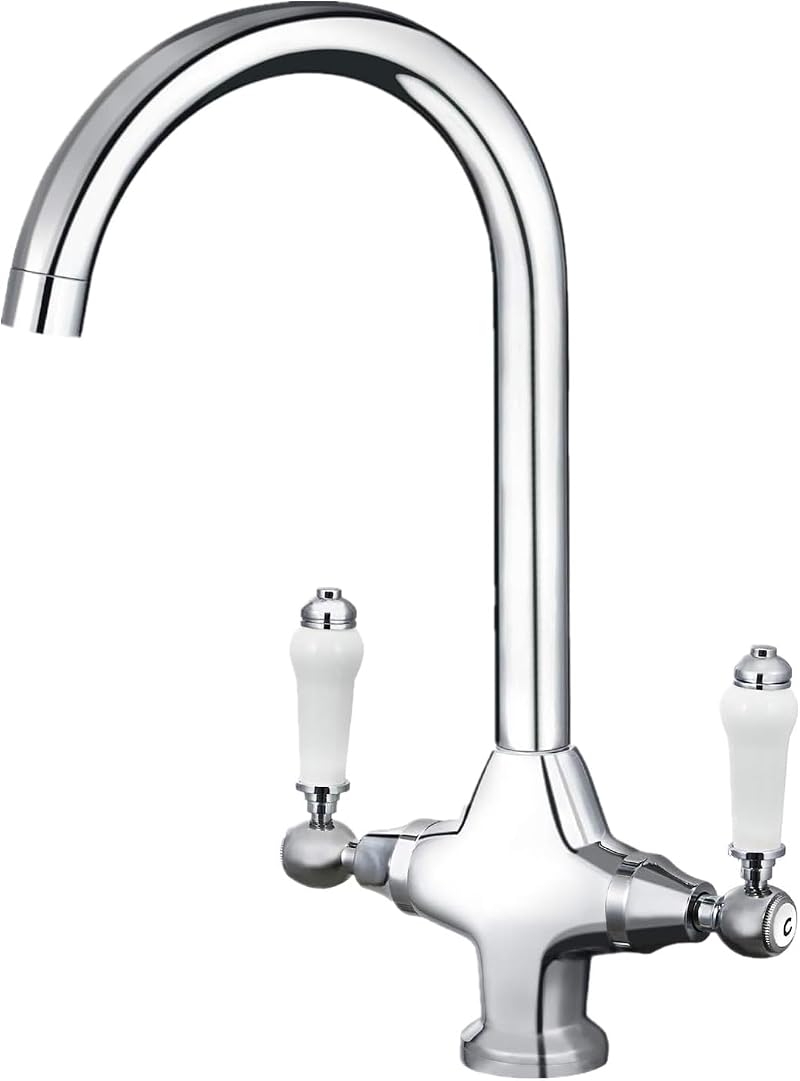 Funime Traditional Kitchen Sink Mixer Tap Ceramic Dual Lever 1 Hole Brass Chrome