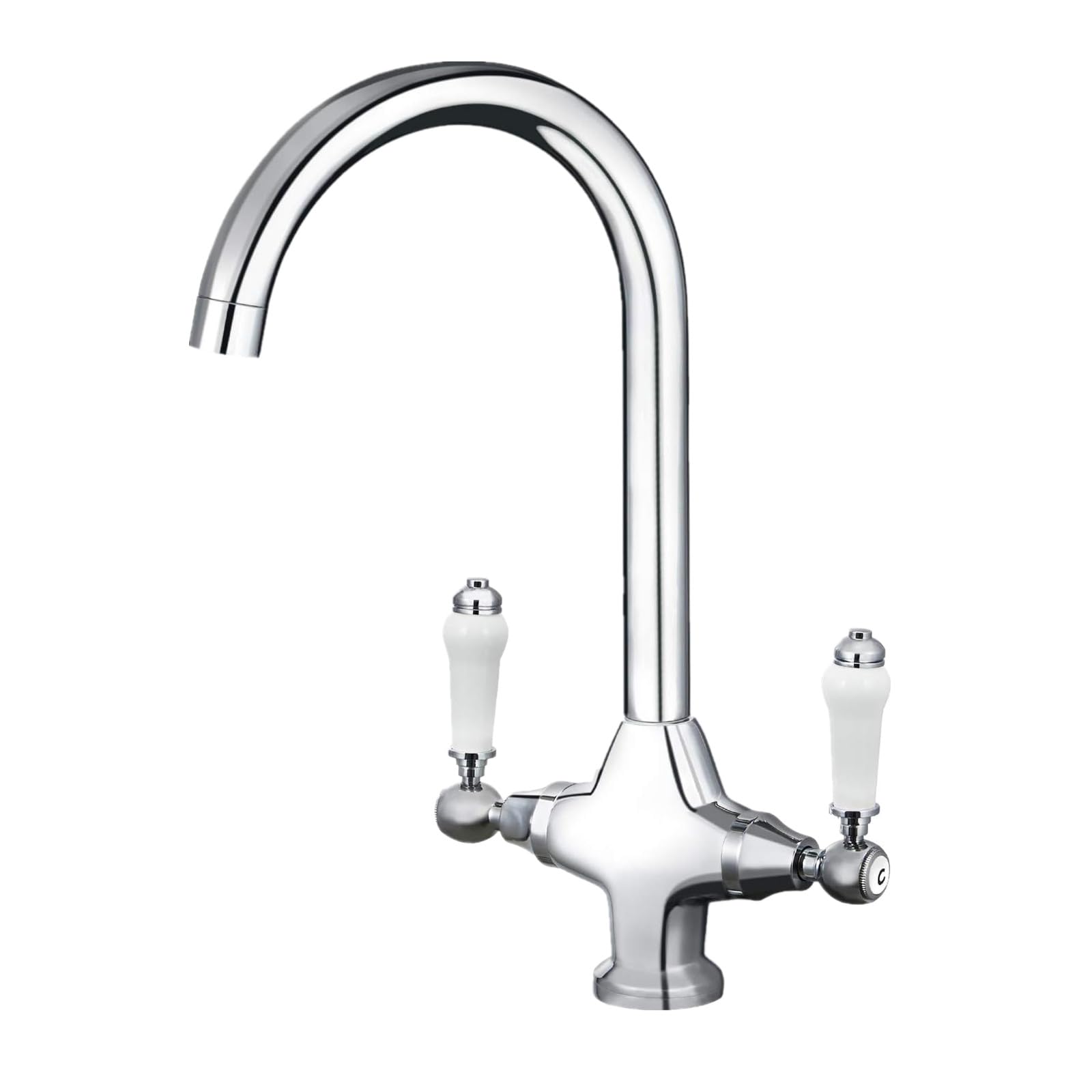 Funime Traditional Kitchen Sink Mixer Tap with Ceramic Dual Lever, Monobloc Victorian Style Kitchen Tap 1 Hole Elegant Brass Chrome Swivel Mono Retro Vintage Sink Faucet with Flexible Hoses