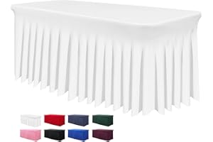 BDDC Table Skirts for Rectangle Tables 6ft - One-Piece White Table Covers for 6 Foot Tables, Wrinkle Resistant Ruffles Elastic Table Cover and Table Skirt for Banquets, Weddings, Parties