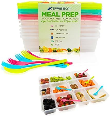 Meal Prep Containers 6-Pack 2-Compartment Bento Lunch Box Food Storage Containers with Lids – 6 Bonus Forks - Reusable BPA Free, Portion Controlled Divided - Microwave, Freezer, Dishwasher Safe