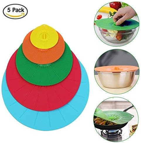 Silicone Lids Set of 5 Colorful Food Covers,Keep Kitchen Neat & Food Fresh,Diameter 4" 6" 8" 10" 12" Fit Cups, Bowls, Pans, Pots, Skillets, Microwave and More