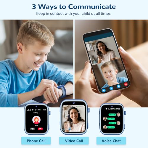 AIMIUVEI 4G Montre Connectée Enfants avec Appels, Appels Vidéo, Chat Vocal, WiFi, GPS, SOS, SMS, Étanche IP68, Mode École et Podomètre, Smartwatch Enfants avec Écran HD 1,83'' Bleu