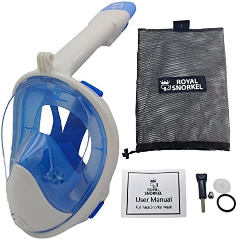 New 3rd Gen Full Face Snorkel Mask - Longer Breathing Tube, Flat Anti Fog Lens - Adult and Kids Size - GoPro Compatible, Easy to Breathe Underwater - Best Panoramic Snorkeling Masks (White/Blue, S/M)