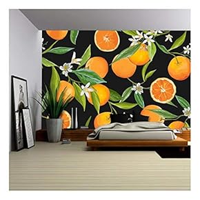 Vector - Seamless Pattern. Orange Fruits Background. Floral Pattern. Flowers, Leaves, Fruits Background - Removable Wall Mural | Self-Adhesive Large Wallpaper - 66x96 inches
