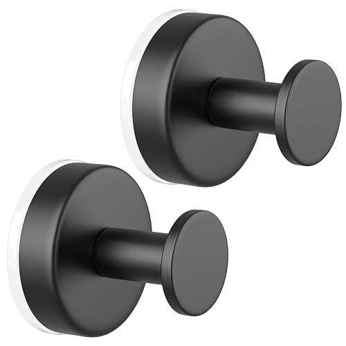 PMMASTO Suction Cup Towel Hooks, Shower Hook for Inside Shower, Stainless Steel No Drill Bathroom Hook Towel Rack Robe Hook Storage for Glass Mirror Smooth Surface (Black Suction O Shape 2pc)