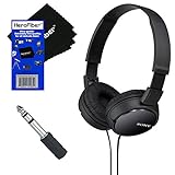 Sony MDRZX110 ZX Series Stereo Headphones (Black) with 3.5mm Mini Plug to 1/4 inch Headphone Adapter & HeroFiber® Ultra Gentle Cleaning Cloth