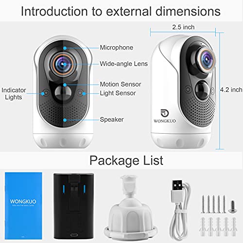 WONGKUO 2021 Upgraded Security Camera Outdoor Wireless 170 Wide Angle View WiFi Rechargeable 1080P Surveillance Camera Home Security Camera System PIR Motion Detection Baby Elder Pet Camera Monitor