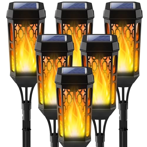 Solar Torch Flame Lights, LED Solar Lights Outdoor with Flickering Flame, IP65 Waterproof Solar Pathway Lights Landscape Decoration Lighting for Garden Lawn Patio Yard Outdoor Decorations (6 Pack)
