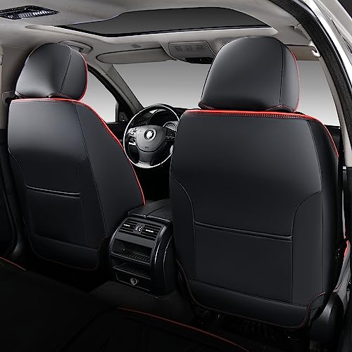 FLORICH Car Seat Covers Faux Leather Front and Rear Seat Covers 5 Pieces Full Set Universal Fit Most Cars, Sedans, SUVs and Trucks, Black & Red Line