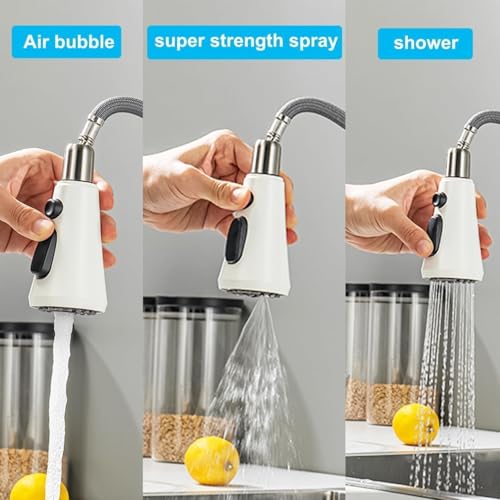 ONECE White Kitchen Tap with Pull-Out Shower Head 3 Modes, Single Lever Sink Mixer Tap 360° Rotating, Extendable Taps, 304 Stainless Steel, Removable Aerator