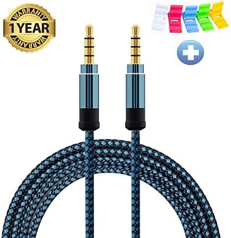 Nylon Braided Tangle-Free Auxiliary/Aux Cord(5ft/1.5m) DFrhythm 3.5mm 4 Pole Male to Male Stereo Cable for Car Smartphone Tablets Headset PC Laptop Speaker MP3 Players (blue)