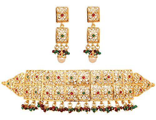 Touchstone Mughal Jali collection white/red/green grand bridal jewelry choker necklace in gold tone for women