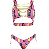 xlskA Women's Two Piece African Bikini Set Print Padded Lace up High Cut Thong Swimsuit Bottoms (Pink, XL)