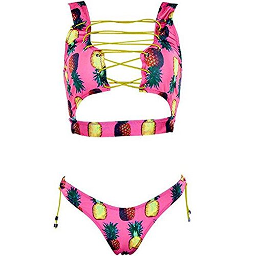 xlskA Women's Two Piece African Bikini Set Print Padded Lace up High Cut Thong Swimsuit Bottoms (Pink, XL)