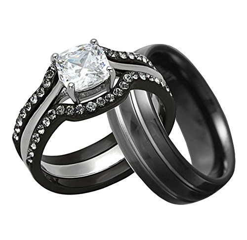 His And Hers Wedding Ring Set Cushion Cut CZ Black Stainless Steel Titanium Women Size-7 & Men Size-12