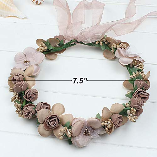Flower Crown Headband Wreath Garland Hair Bands Floral Wedding Bridal Hair Hoop Women Leaf Ribbon Party Decoration Headdress Headwear Christmas Handmade Headpiece Hair Accessories 2 Pack Coffee - Thumbnail 6