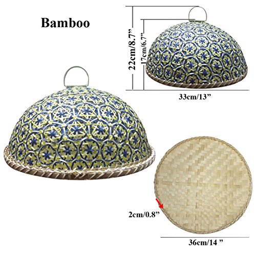 Coralpearl Bamboo Wicker Rattan Woven Table Serving Trays Food Storage Plate Platters with Handles and Fly Dome Lid Cover for Picnic Party Bread,Cake,Pizza,Dry Fruit,Dessert,Indoors Outdoor (Bamboo 2)