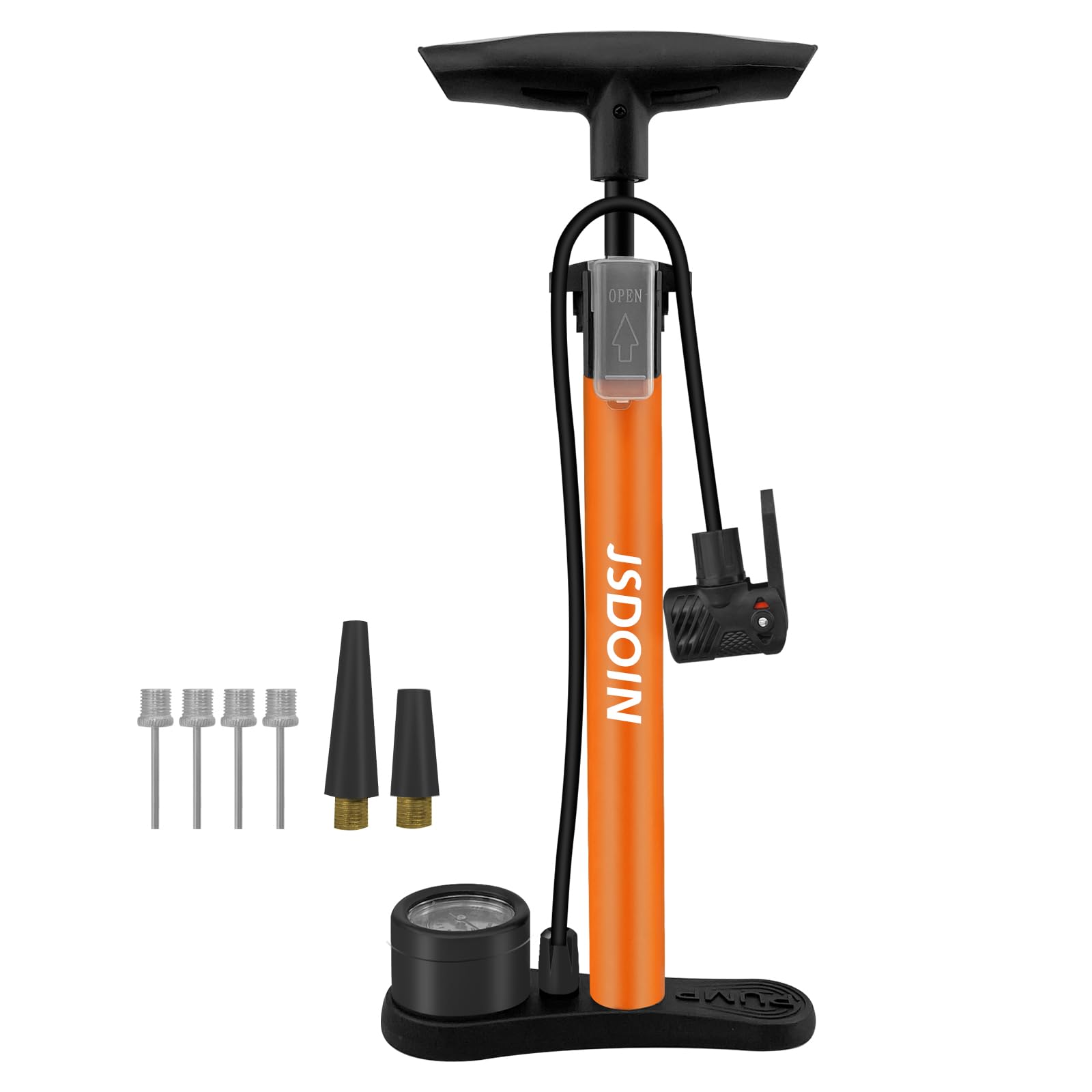 Jsdoin Bike Pump, High Performance Bicycle Floor Pump with Dual Presta and Schrader Valves, Bike Pumps with Pressure Gauge for Road Foot Bike, MTB, and Sports Balls (Orange)