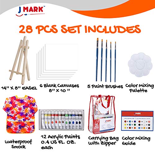 Paint Easel Kids Art Set- 28-Piece Acrylic Painting Supplies Kit with Storage Bag, 12 Non Toxic Washable Paints, 1 Scratch Free Wood Easel, 6 Blank Canvases 8 x 10 inches, 5 Brushes, 10 Well Palette,